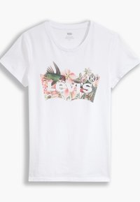 Weißes Baumwoll-T-Shirt mit einem floralen Grafikdesign, das bunte Blumen und einen Vogel enthält, mit dem Aufdruck "Levi's" in fetten Buchstaben.