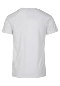 Hvid bomulds t-shirt med korte ærmer, rund hals og en glat tekstur, med en ensfarvet ryg uden yderligere detaljer eller mønstre.
