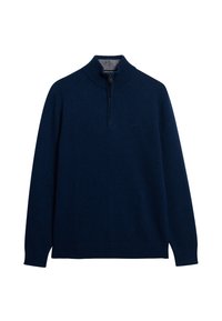 Jersey de color azul marino con cuello alto y cierre de media cremallera; cuenta con un cuello, puños y bajo acanalados; fabricado en una suave tela texturizada.