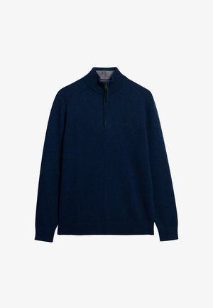 Navy blue pullover sweater with a mock neck and half-zip closure; features ribbed collar, cuffs, and hem; made of soft, textured fabric.