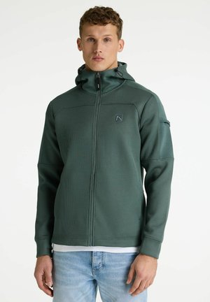 Green zip-up hoodie made of textured fabric, featuring a high collar, adjustable hood, and a small logo on the chest.