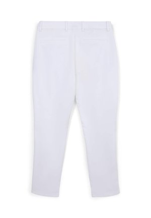 Pantalon blanc en tissu lisse, coupe droite, avec deux poches arrière. Comprend des passants pour ceinture à la taille.