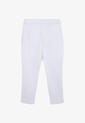 Pantalon blanc en tissu lisse, coupe droite, avec deux poches arrière. Comprend des passants pour ceinture à la taille.