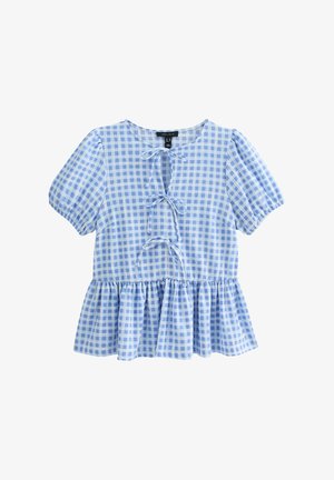 Blouse in blauw en wit geruit met korte pofmouwen, een ronde halslijn en een peplumzoom met een vetersluiting aan de voorkant.