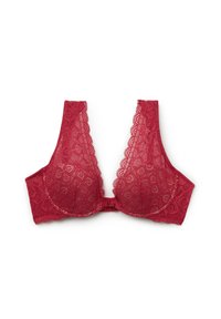 Roter Spitzen-BH mit tiefem Ausschnitt, gewellten Kanten und gemusterten Details. Weicher Stoff mit glatter Textur. Verstellbarer Hakenverschluss.