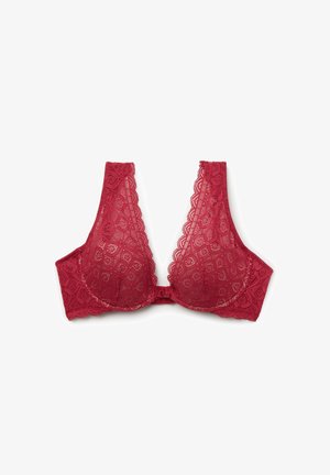 Rode kanten beha met een diep decolleté, gegolfde randen en een patroon. Zachte stof met een gladde textuur. Verstelbare haaksluiting.