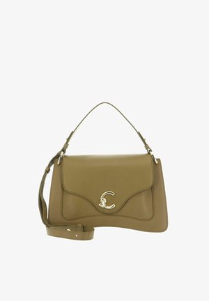 Taupe leather handbag with gold-tone "C" clasp, single top handle, and adjustable shoulder strap.