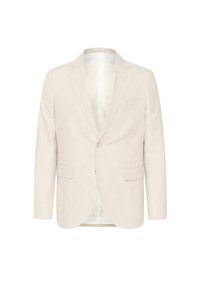Helebeež blazer, valmistatud linast. Omab ühte nuppa, kahte eesmist taskut ja lõikega krae. Sile tekstuur ja minimalistlik disain.