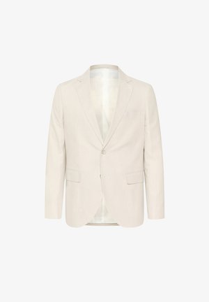 Gai beiga žakete, kas izgatavota no linu. Īpašības: viens pogas slēgums, divas priekšējās kabatas un ielaiduma apkakle. Gluda tekstūra ar minimālistisku dizainu.