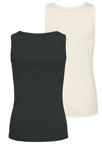 Dve rebraste majice na bretele, ena črna in ena bela, z okroglim izrezom in prilegajočim dizajnom, prikazane ena za drugo za primerjavo barv.
