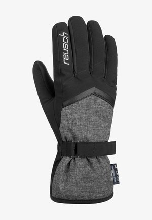 Guanto invernale nero con tessuto grigio texturizzato sul palmo, cinturino regolabile al polso e dettagli cuciti sulle dita e sul pollice.