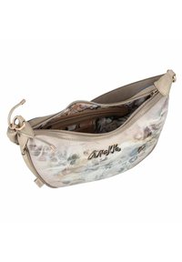 Ettige Ledertasche mit floralem Muster und metallischem Logo. Verfügt über einen Reißverschluss und eine glatte Textur sowie ein geräumiges, gefüttertes Innenfach.