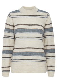 Helles Cremefarbene Sweatshirt mit horizontalen Streifen in Blau, Grau, Braun und Schwarz. Hat einen hohen Ausschnitt und lange Ärmel, mit weichem Stoff.