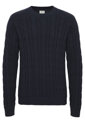 Jersey de punto en color azul marino con cuello redondo, puños acanalados y dobladillo. Presenta patrones texturizados en toda la tela.