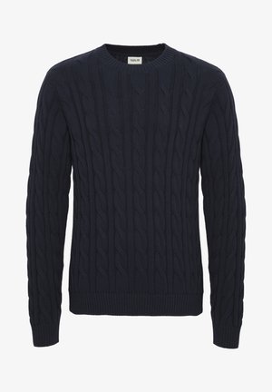 Maglione a coste blu navy con colletto rotondo, polsini e orlo a costine. Presenta motivi testurizzati su tutta la superficie del tessuto.