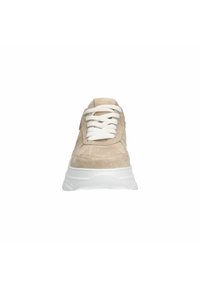 Beige suede sneaker with white laces, thick white sole, rounded toe, and subtle stitching details. Front view against a white background.