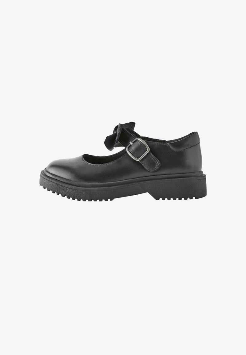 Chaussure Mary Jane en cuir noir avec un bout arrondi, une sangle ajustable, une boucle en métal et une semelle en caoutchouc texturée.