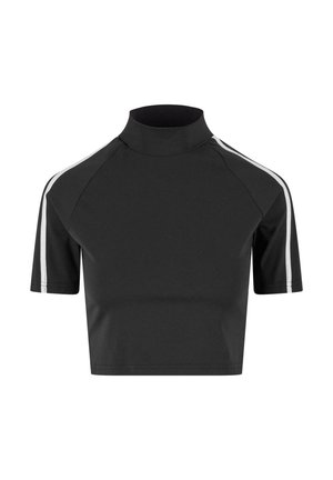 Korte mouwen, zwarte top met hoge hals, gemaakt van gladde stof. Bevat witte strepen op de schouders. Geknipt ontwerp.