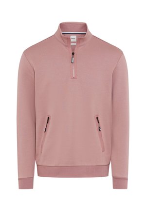 Sweatshirt pour homme rose poussiéreux à demi-zip avec col montant et deux poches zippées à l'avant, poignets et ourlet côtelés.