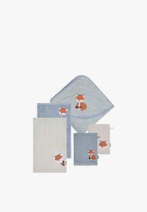 Set of five baby towels and washcloths in blue and beige, each with a cute embroidered fox design.