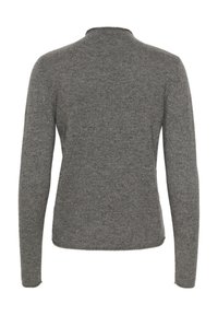 Grauer, langärmliger Strickpullover mit hohem Kragen und glatter Textur. Hat ein angepasstes Design mit dezenten Nahtdetails an den Manschetten.