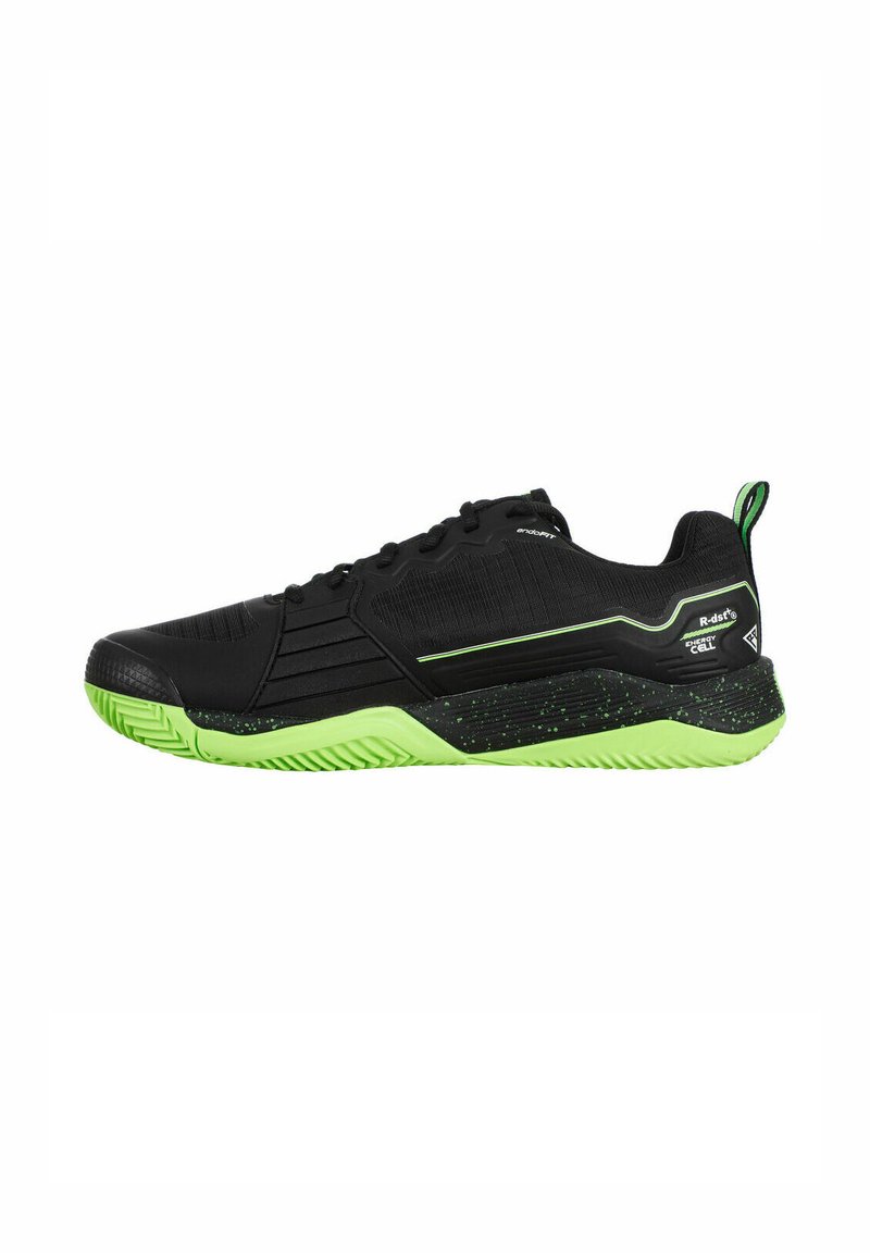 Zapatillas deportivas negras con un upper texturizado, acentos verdes y una suela moteada verde. Presentan un diseño de cordones y una lengüeta trasera.