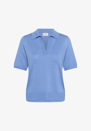 Svijetloplava pletaća polo majica s V-izrezom, kratkim rukavima i rebrastim rubom. Mekana tekstura i ležeran dizajn idealni za kombiniranje.