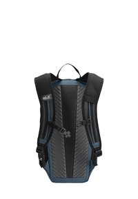 Zaino nero e blu con schienale in rete, spallacci regolabili e maniglia superiore. Presenta linee eleganti e un design a pannelli testurizzati.