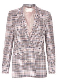 Doppelreiher Plaid-Blazer in Pastellrosa mit karierten Mustern in Marineblau, Schwarz und Weiß. Verfügt über Revers und zwei Fronttaschen.
