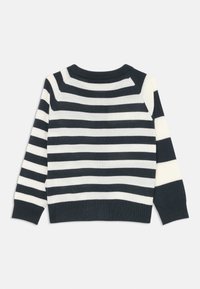 Maglione a righe blu navale e bianche con collo a girocolo, maniche lunghe e polsini a costine. Tessuto a maglia liscia con righe a contrasto.
