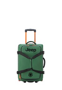 Valigia verde con ruote e manico arancione, cinghie nere e logo Jeep in evidenza. Include un design a stelle sul fronte. Materiale resistente.