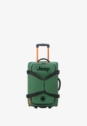 Valise à roulettes verte avec poignée orange, sangles noires et logo Jeep bien visible. Comprend un motif d'étoile à l'avant. Matériau durable.