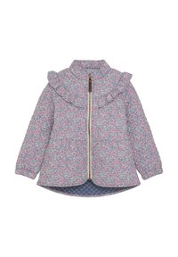 Veste à motif floral avec un col volanté, fermeture éclair et manches longues. Principalement bleue avec des accents roses et une doublure matelassée.