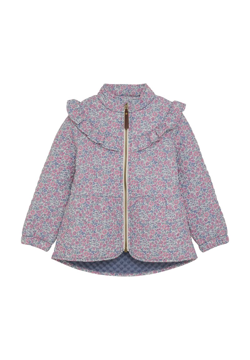 Veste à motif floral avec un col volanté, fermeture éclair et manches longues. Principalement bleue avec des accents roses et une doublure matelassée.