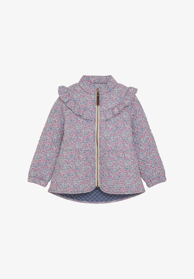 Blommönstrad jacka med volangkrage, dragkedjestängning och långa ärmar. Predominant blå med rosa accenter och en vadderad foder.