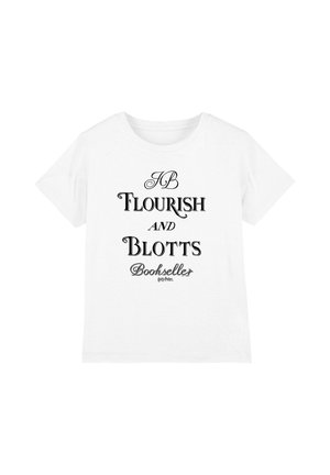 White short-sleeve t-shirt with black text reading "Flourish and Blotts Bookseller" in decorative font, referencing Harry Potter.