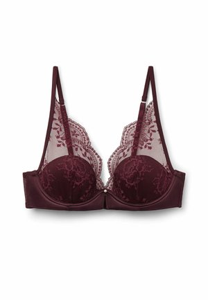 Burgundská krajková podprsenka s květinovými vzory, průhledné síťové horní košíčky, nastavitelné ramínka a malá dekorativní perla uprostřed přední části.