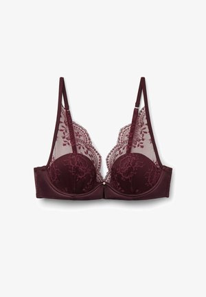 Burgundská krajková podprsenka s květinovými vzory, průhledné síťové horní košíčky, nastavitelné ramínka a malá dekorativní perla uprostřed přední části.