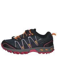 Trailrunning skor i svart med rosa, gul och orangea accenter. Har en texturerad mesh-övre, gummisulor och ett säkert snörningssystem.