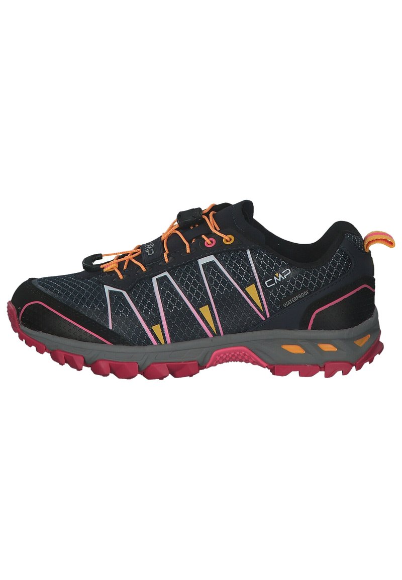 Trailrunning skor i svart med rosa, gul och orangea accenter. Har en texturerad mesh-övre, gummisulor och ett säkert snörningssystem.
