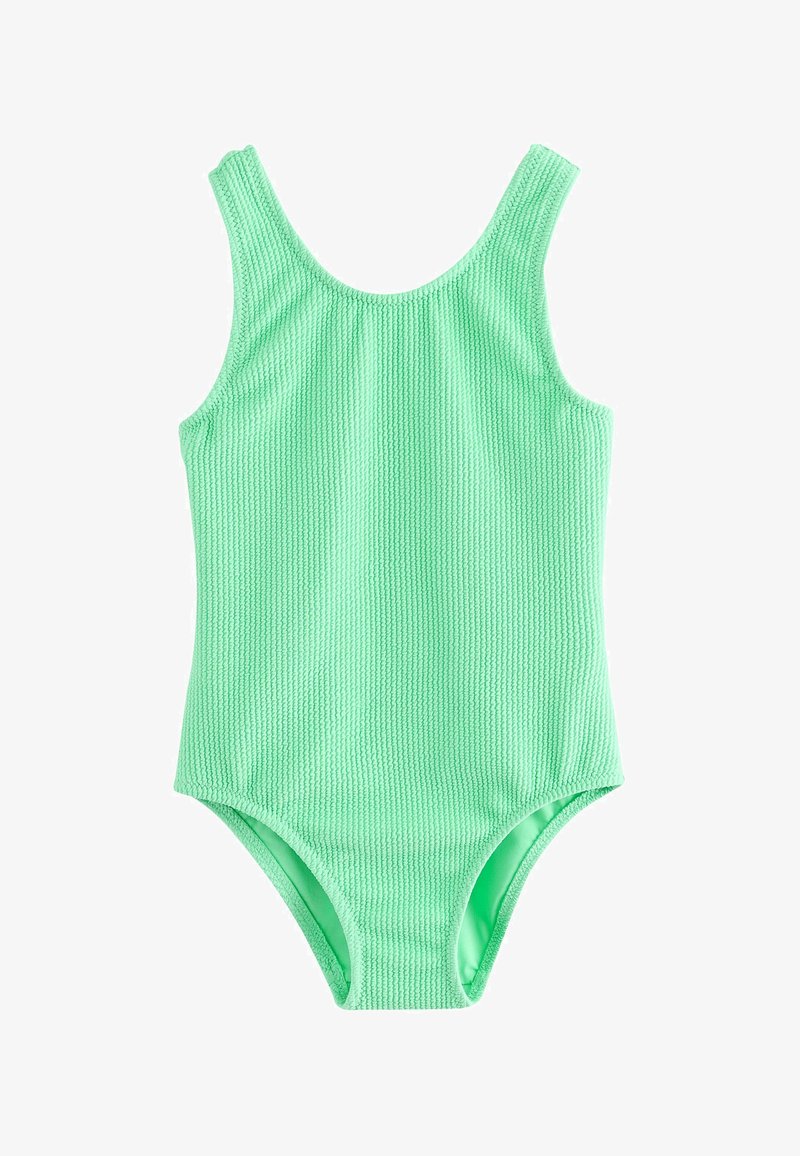 Zelený strukturovaný jednodílný plavky s výstřihem do véčka a širokými ramínky, s přiléhavým střihem a hladkým vnitřním podšívkou.
