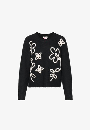 Zwarte trui met een zachte, gestructureerde afwerking, voorzien van witte bloemborduursels. Ronde hals, lange mouwen en een cropped ontwerp.