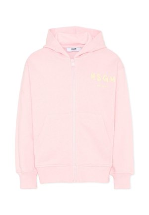 Lichtroze zip-up hoodie met capuchon, voorzakken, geribbelde boorden en een gele "MSGM Milano" logo op de borst.