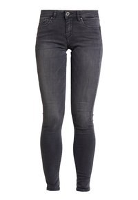 Jeans de denim ajustados en gris oscuro, con un diseño clásico de cinco bolsillos, presillas para cinturón y un cierre de cremallera con botón.