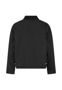Black long-sleeve jacket with a ribbed collar, adjustable side buttons, and a straight hem, shown from the back on a white background.