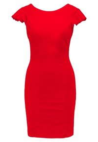 Czerwona dopasowana sukienka z dekoltem w serek i krótkimi falbaniastymi rękawami. Wykonana z gładkiego materiału, ma sylwetkę typu bodycon i brak widocznych wzorów.