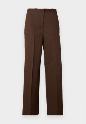 Pantalon marron en tissu mélange de coton. Coupe droite avec une texture lisse et sans motifs ni ornements visibles.