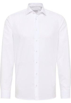 Witte blouse met lange mouwen van gladde stof, voorzien van een klassieke kraag, knoopsluiting aan de voorkant en afgeronde manchetten voor een professionele pasvorm.