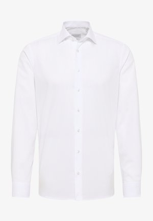Weißes Langarmhemd aus glattem Stoff mit klassischem Kragen, Knopfleiste und abgerundeten Manschetten für eine taillierte Passform.