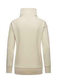 Beige sweatshirt with a high collar, long sleeves, and a ribbed hem. Made from soft fabric with a smooth texture, featuring no patterns or accents.